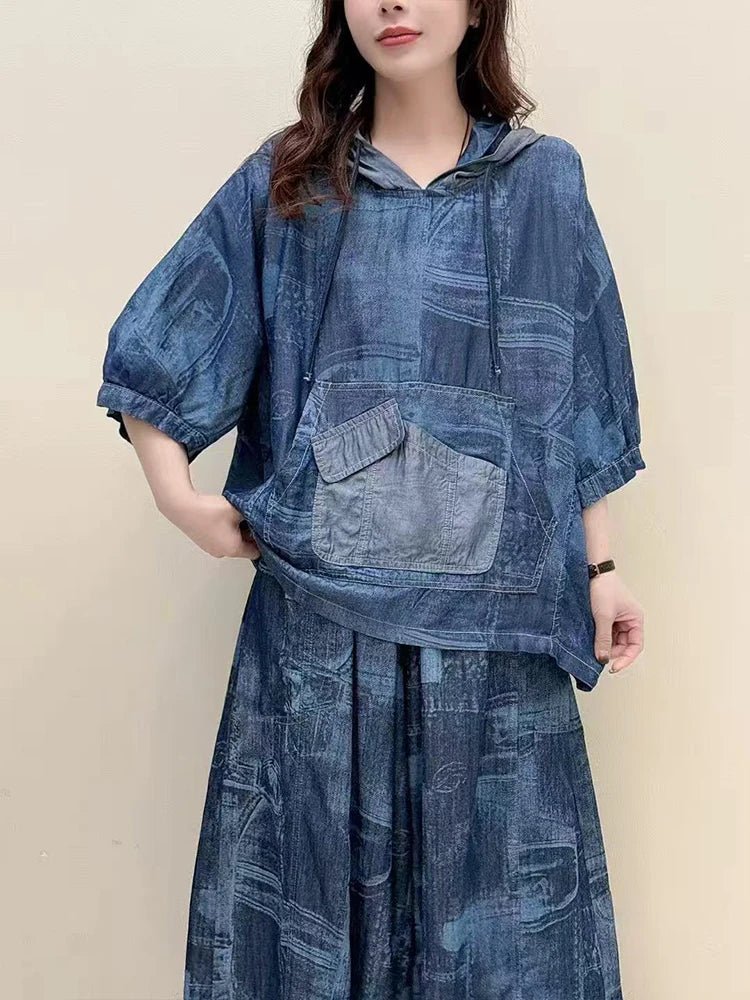 AmaxluluE Summer Fashion Clothes 2025 Women Denim Hooded Blouses Casual Big Size Printed Shirts Ladies Loose Vintage O Neck Tops - Beauty