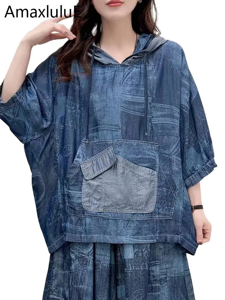 AmaxluluE Summer Fashion Clothes 2025 Women Denim Hooded Blouses Casual Big Size Printed Shirts Ladies Loose Vintage O Neck Tops - Beauty