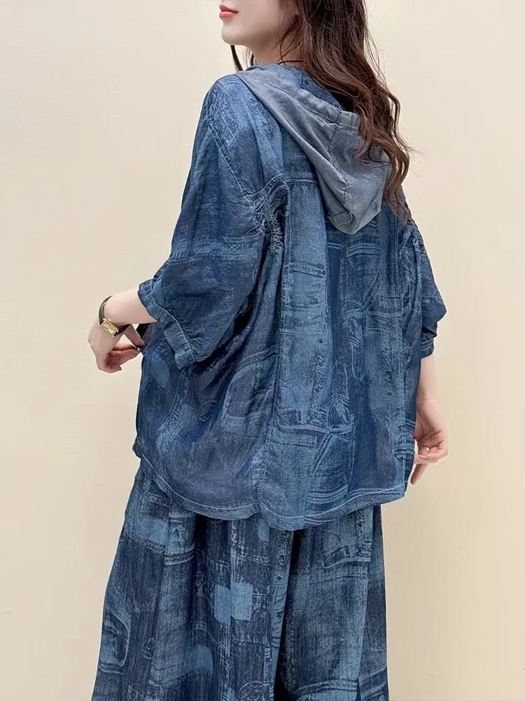 AmaxluluE Summer Fashion Clothes 2025 Women Denim Hooded Blouses Casual Big Size Printed Shirts Ladies Loose Vintage O Neck Tops - Beauty