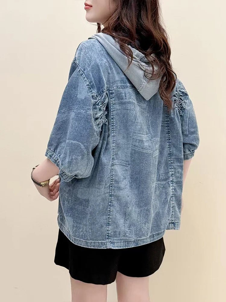 AmaxluluE Summer Fashion Clothes 2025 Women Denim Hooded Blouses Casual Big Size Printed Shirts Ladies Loose Vintage O Neck Tops - Beauty
