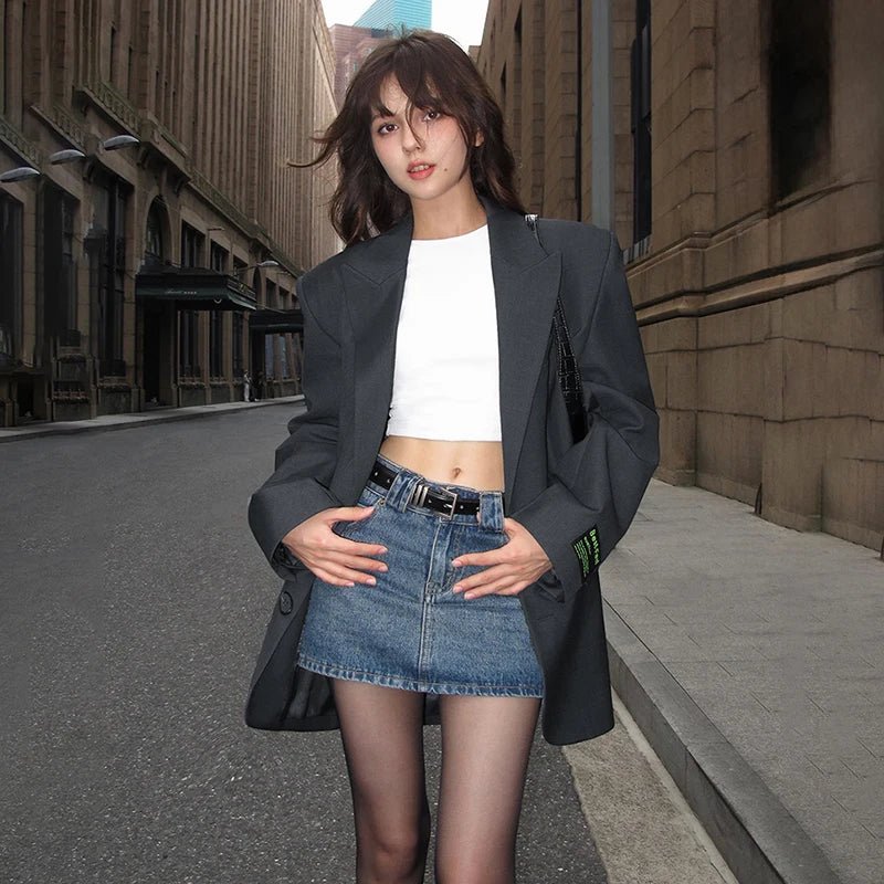 American Street Oversized Blazer for Women Vintage Notched Collar Casual Suit Jacket Woman Spring Autumn Trend Y2K Blazers Coat - Beauty