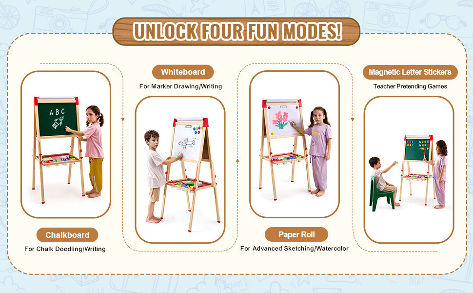 SucceBuy Children Magnetic Drawing Board Wooden Double-Sided Kid's Art Easel with Whiteboard Chalkboard for Girls Gifts Toys