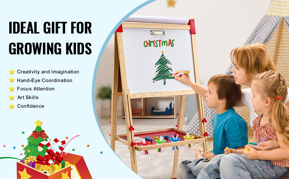 SucceBuy Children Magnetic Drawing Board Wooden Double-Sided Kid's Art Easel with Whiteboard Chalkboard for Girls Gifts Toys
