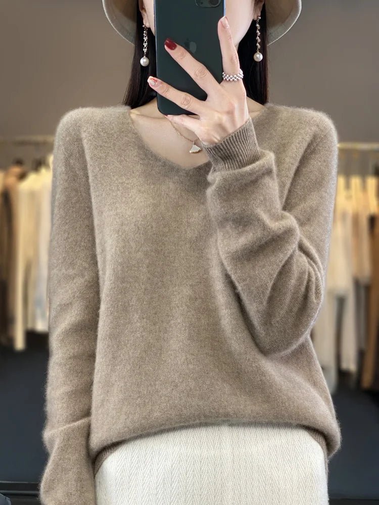 Basics 2024 Autumn Winter Women Sweater 100% Merino Wool V - Neck Knitwear Solid Office Lady Pullover Long Sleeve Cashmere Clothes - Beauty