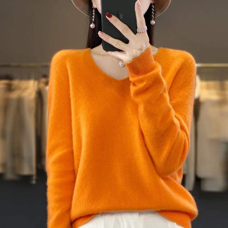 Basics 2024 Autumn Winter Women Sweater 100% Merino Wool V - Neck Knitwear Solid Office Lady Pullover Long Sleeve Cashmere Clothes - Beauty