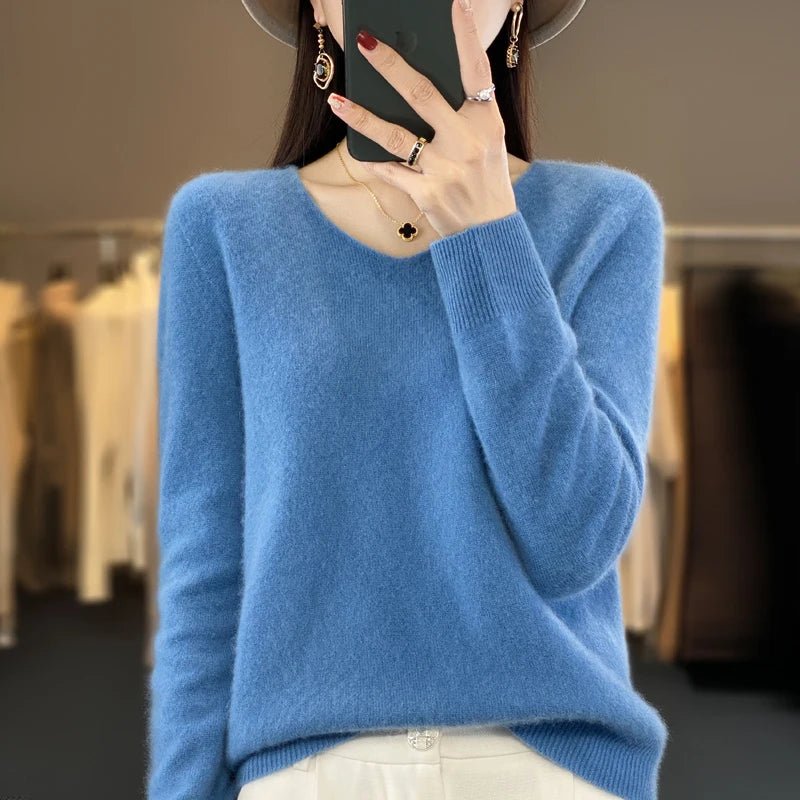 Basics 2024 Autumn Winter Women Sweater 100% Merino Wool V - Neck Knitwear Solid Office Lady Pullover Long Sleeve Cashmere Clothes - Beauty