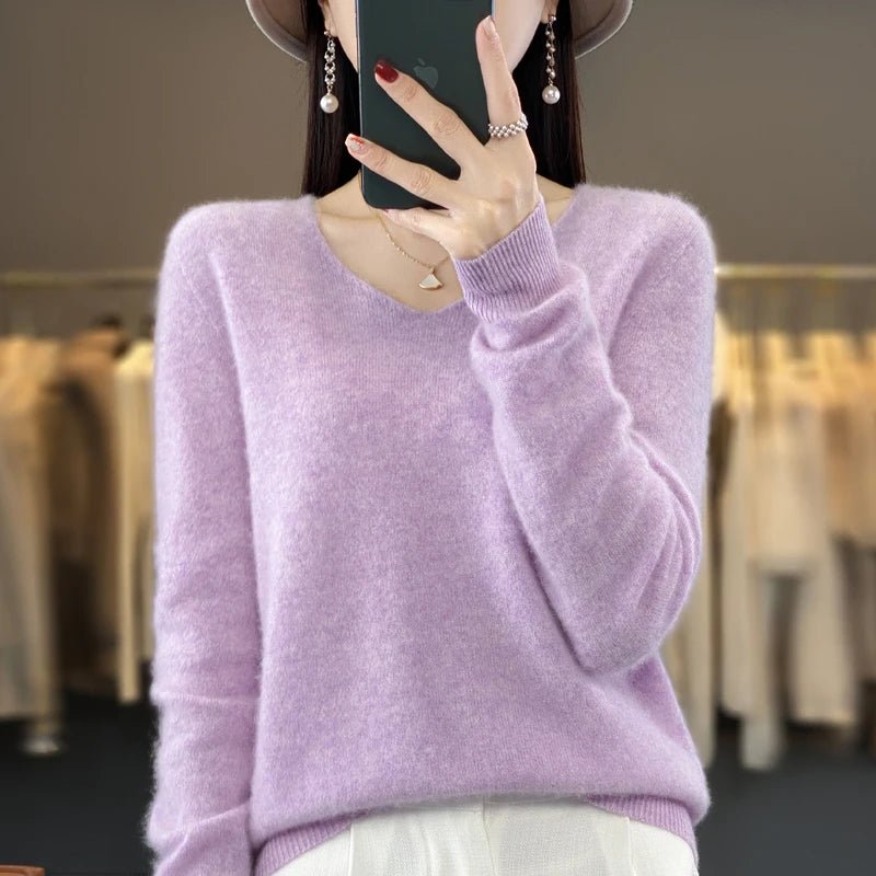 Basics 2024 Autumn Winter Women Sweater 100% Merino Wool V - Neck Knitwear Solid Office Lady Pullover Long Sleeve Cashmere Clothes - Beauty