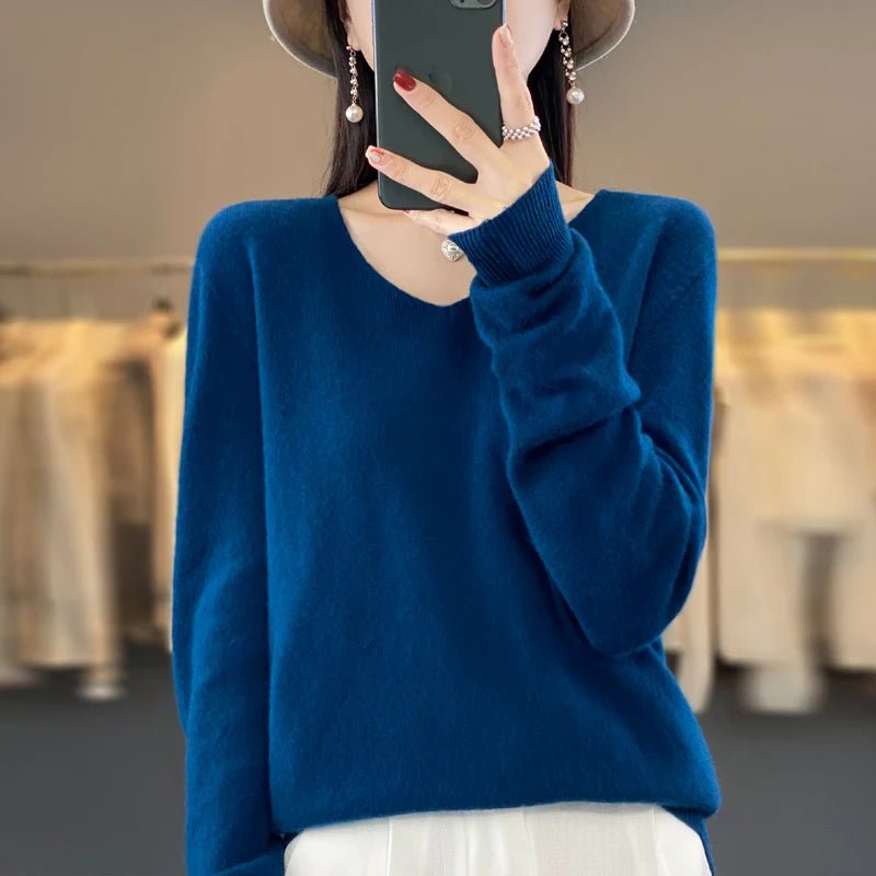 Basics 2024 Autumn Winter Women Sweater 100% Merino Wool V - Neck Knitwear Solid Office Lady Pullover Long Sleeve Cashmere Clothes - Beauty