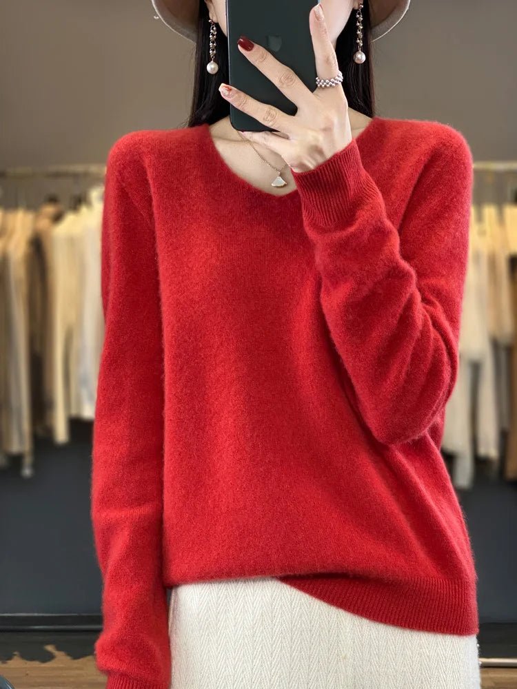 Basics 2024 Autumn Winter Women Sweater 100% Merino Wool V - Neck Knitwear Solid Office Lady Pullover Long Sleeve Cashmere Clothes - Beauty