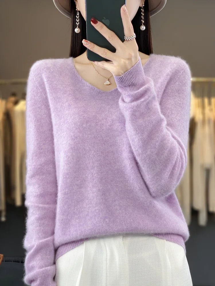 Basics 2024 Autumn Winter Women Sweater 100% Merino Wool V - Neck Knitwear Solid Office Lady Pullover Long Sleeve Cashmere Clothes - Beauty
