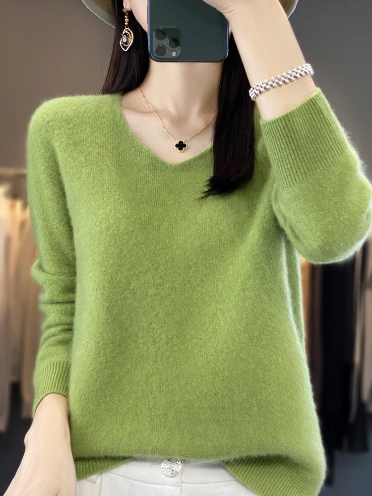 Basics 2024 Autumn Winter Women Sweater 100% Merino Wool V - Neck Knitwear Solid Office Lady Pullover Long Sleeve Cashmere Clothes - Beauty