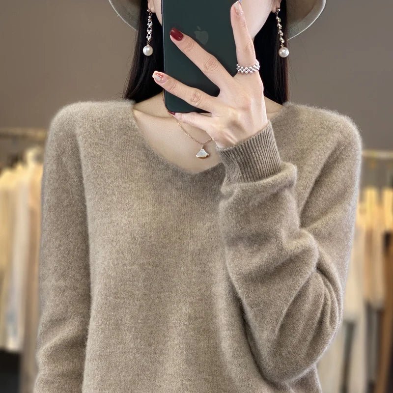 Basics 2024 Autumn Winter Women Sweater 100% Merino Wool V - Neck Knitwear Solid Office Lady Pullover Long Sleeve Cashmere Clothes - Beauty