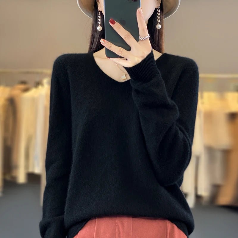 Basics 2024 Autumn Winter Women Sweater 100% Merino Wool V - Neck Knitwear Solid Office Lady Pullover Long Sleeve Cashmere Clothes - Beauty