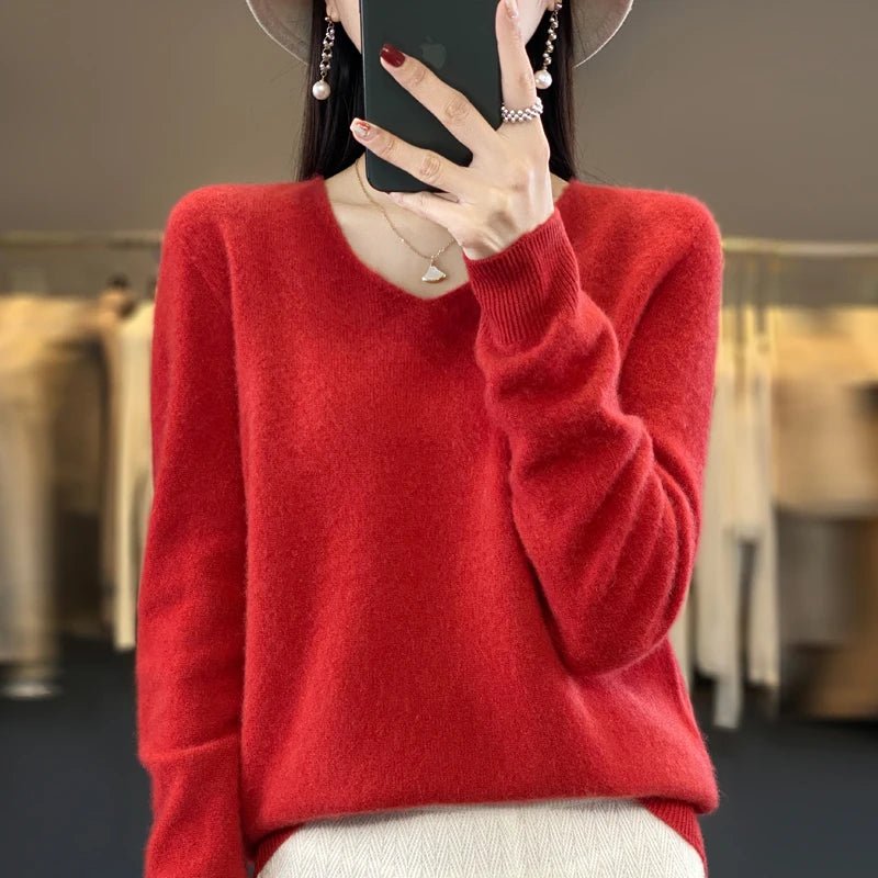 Basics 2024 Autumn Winter Women Sweater 100% Merino Wool V - Neck Knitwear Solid Office Lady Pullover Long Sleeve Cashmere Clothes - Beauty