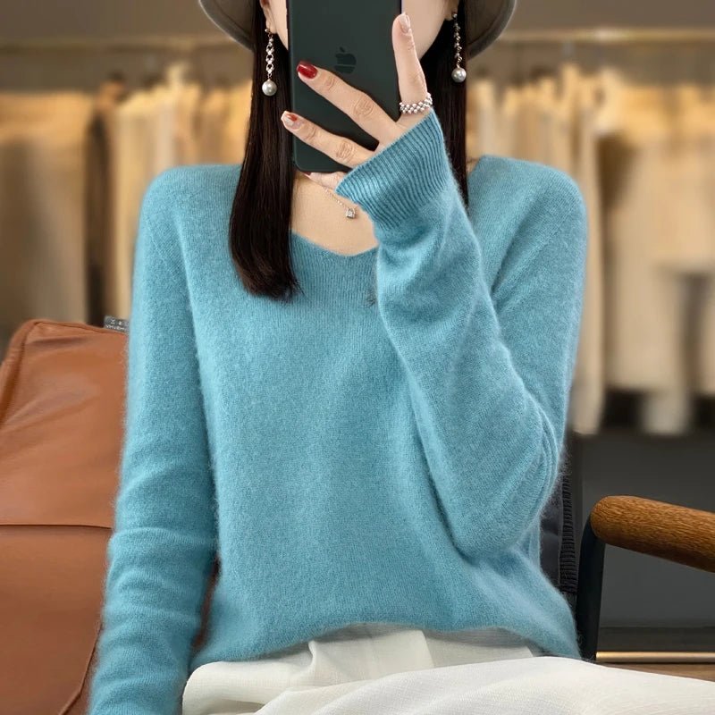 Basics 2024 Autumn Winter Women Sweater 100% Merino Wool V - Neck Knitwear Solid Office Lady Pullover Long Sleeve Cashmere Clothes - Beauty