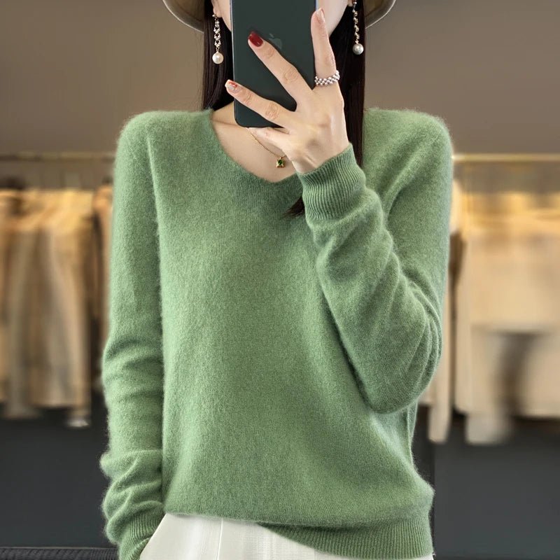 Basics 2024 Autumn Winter Women Sweater 100% Merino Wool V - Neck Knitwear Solid Office Lady Pullover Long Sleeve Cashmere Clothes - Beauty