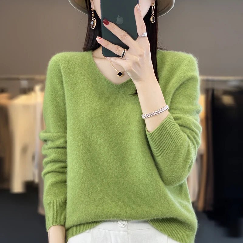 Basics 2024 Autumn Winter Women Sweater 100% Merino Wool V - Neck Knitwear Solid Office Lady Pullover Long Sleeve Cashmere Clothes - Beauty