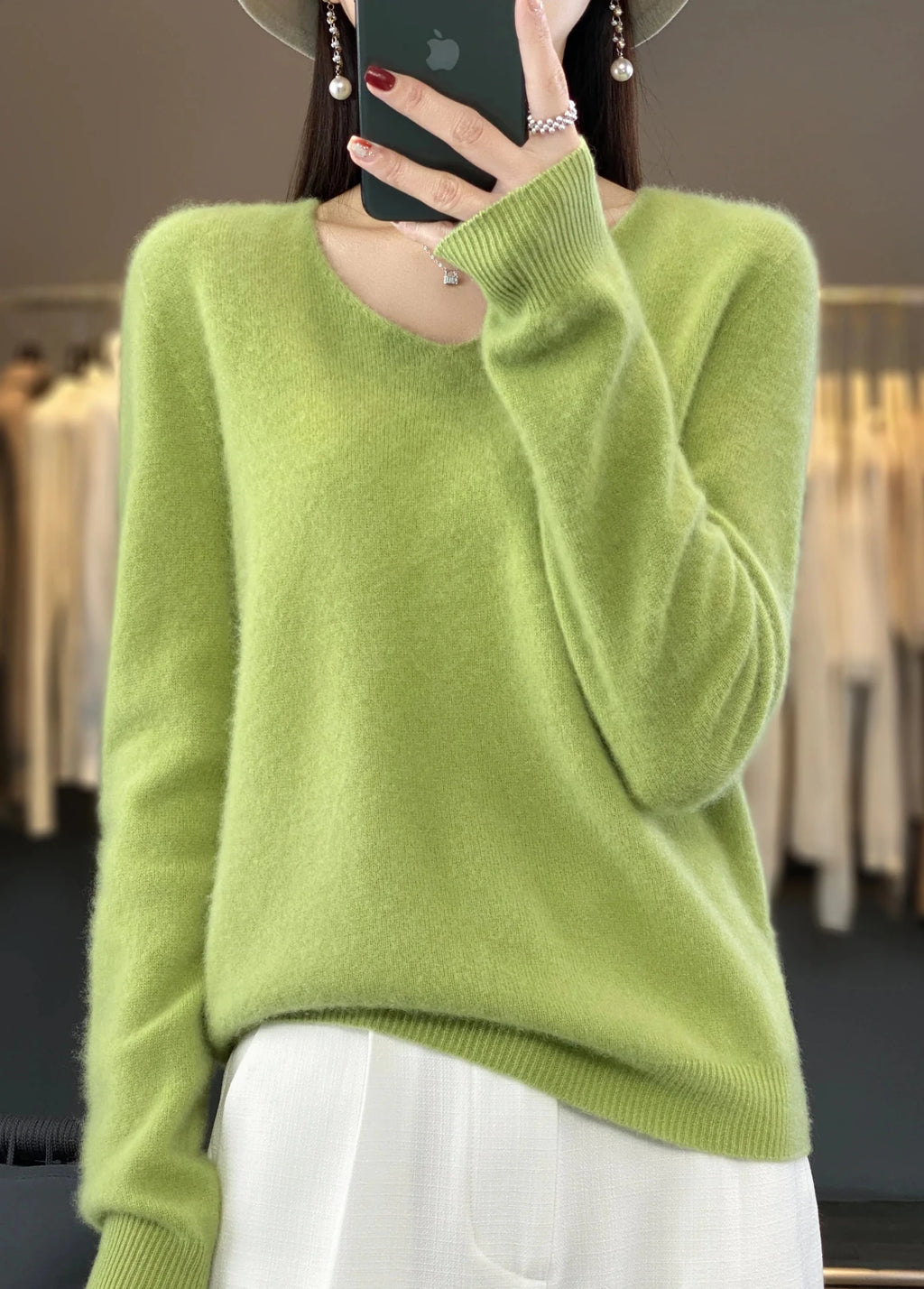 Basics 2024 Autumn Winter Women Sweater 100% Merino Wool V - Neck Knitwear Solid Office Lady Pullover Long Sleeve Cashmere Clothes - Beauty