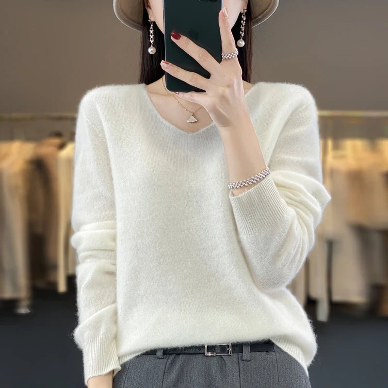 Basics 2024 Autumn Winter Women Sweater 100% Merino Wool V - Neck Knitwear Solid Office Lady Pullover Long Sleeve Cashmere Clothes - Beauty