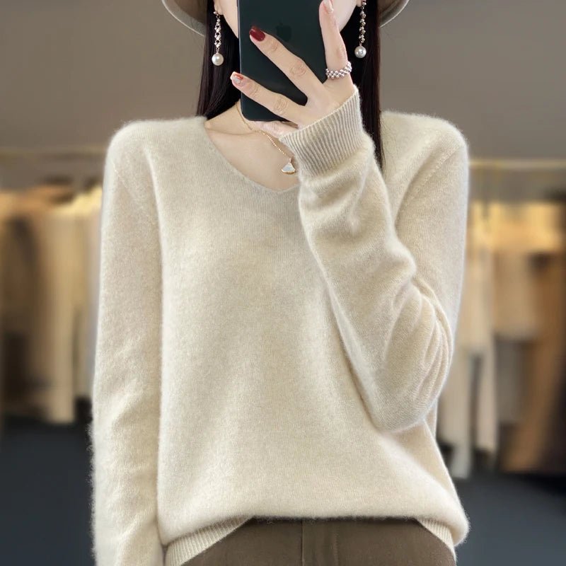 Basics 2024 Autumn Winter Women Sweater 100% Merino Wool V - Neck Knitwear Solid Office Lady Pullover Long Sleeve Cashmere Clothes - Beauty