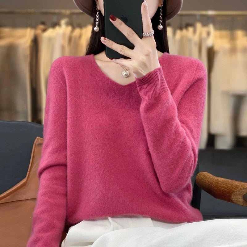 Basics 2024 Autumn Winter Women Sweater 100% Merino Wool V - Neck Knitwear Solid Office Lady Pullover Long Sleeve Cashmere Clothes - Beauty