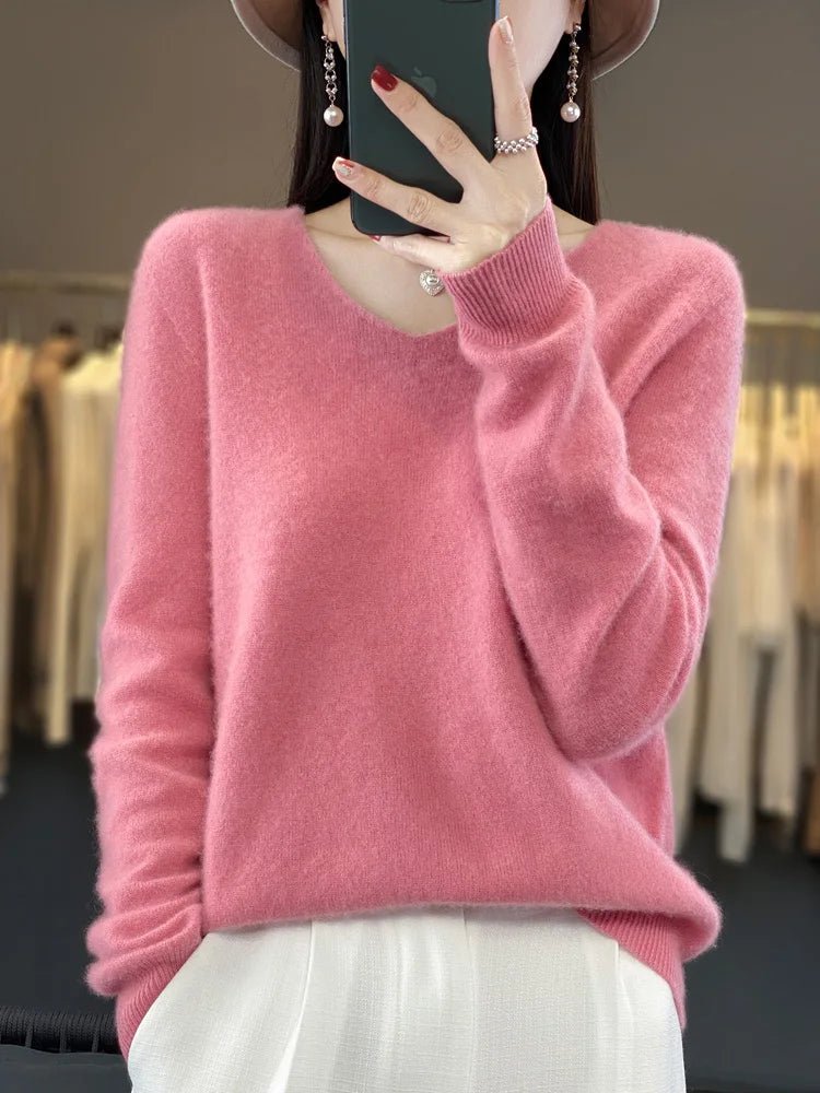 Basics 2024 Autumn Winter Women Sweater 100% Merino Wool V - Neck Knitwear Solid Office Lady Pullover Long Sleeve Cashmere Clothes - Beauty