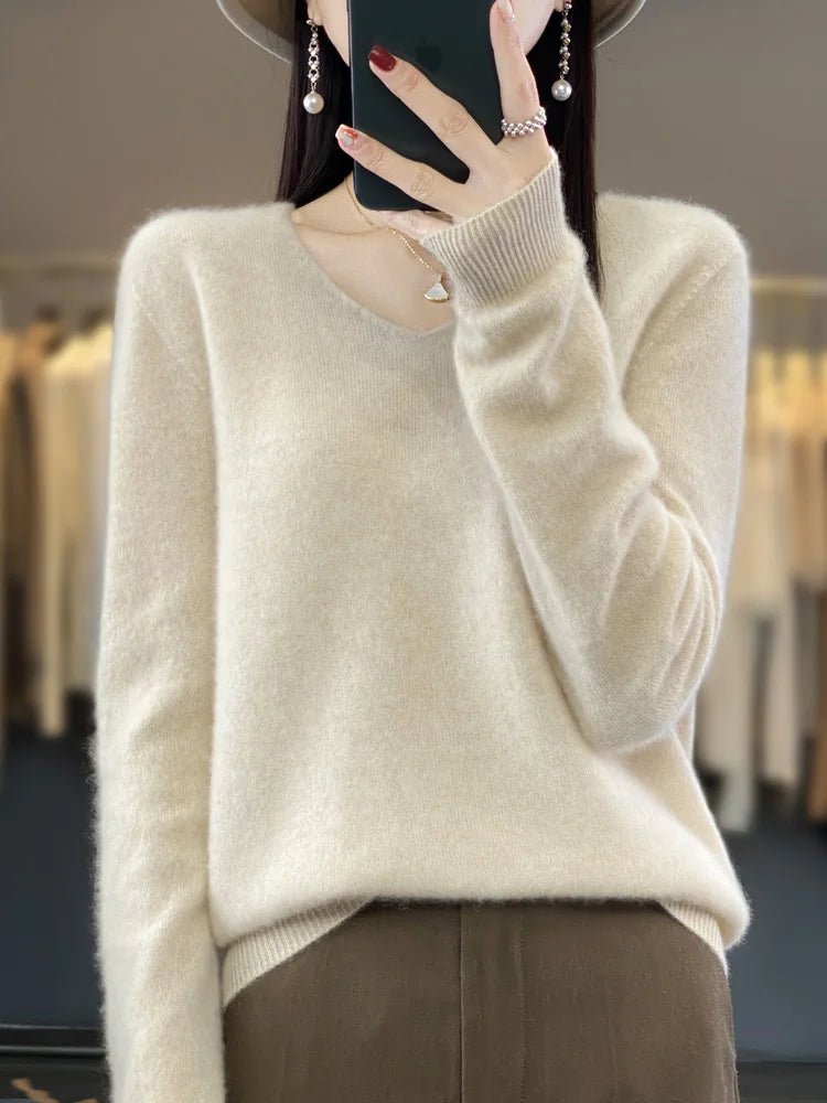 Basics 2024 Autumn Winter Women Sweater 100% Merino Wool V - Neck Knitwear Solid Office Lady Pullover Long Sleeve Cashmere Clothes - Beauty