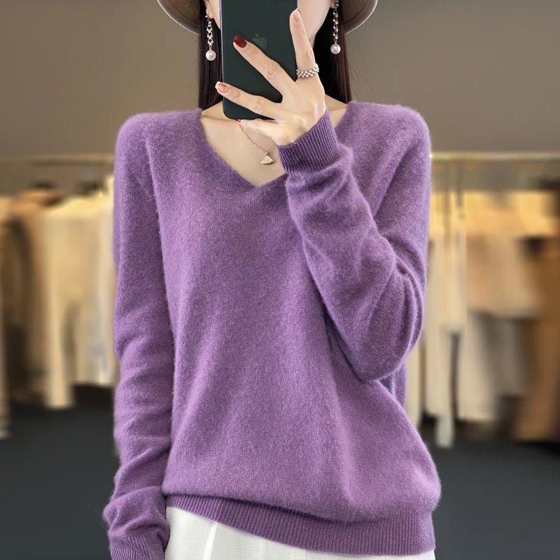 Basics 2024 Autumn Winter Women Sweater 100% Merino Wool V - Neck Knitwear Solid Office Lady Pullover Long Sleeve Cashmere Clothes - Beauty