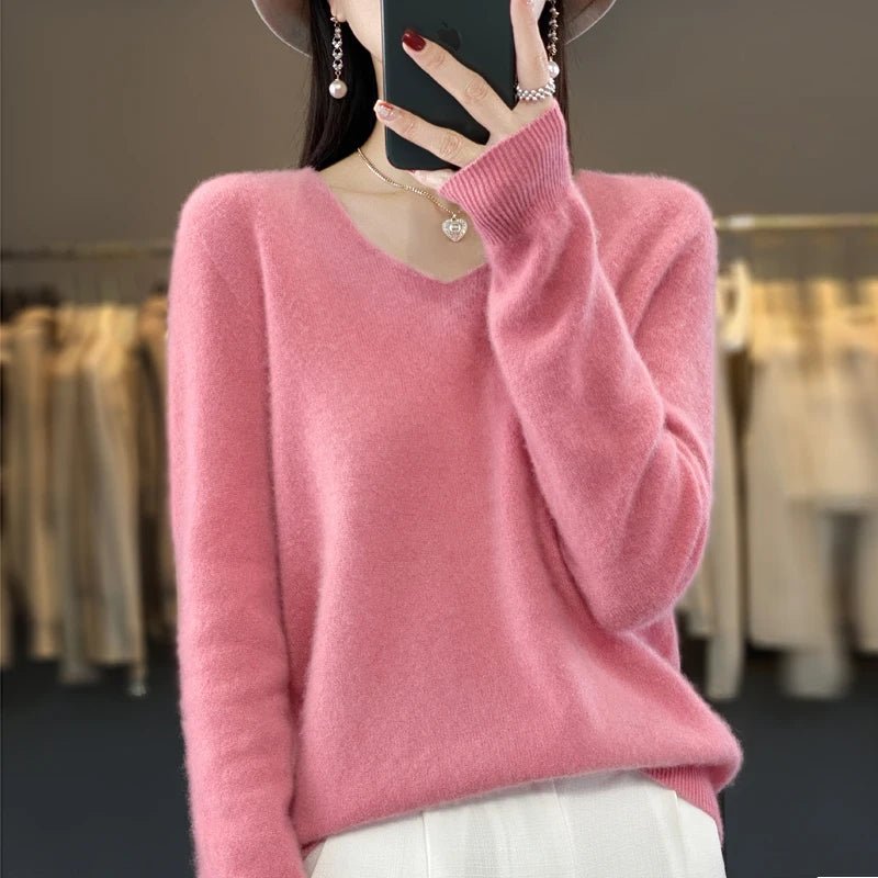 Basics 2024 Autumn Winter Women Sweater 100% Merino Wool V - Neck Knitwear Solid Office Lady Pullover Long Sleeve Cashmere Clothes - Beauty