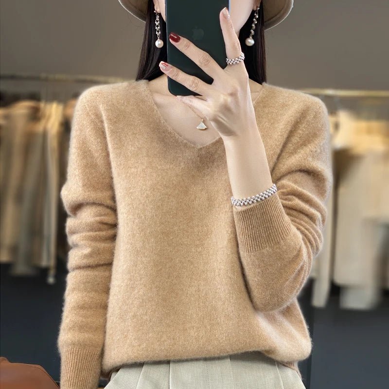 Basics 2024 Autumn Winter Women Sweater 100% Merino Wool V - Neck Knitwear Solid Office Lady Pullover Long Sleeve Cashmere Clothes - Beauty