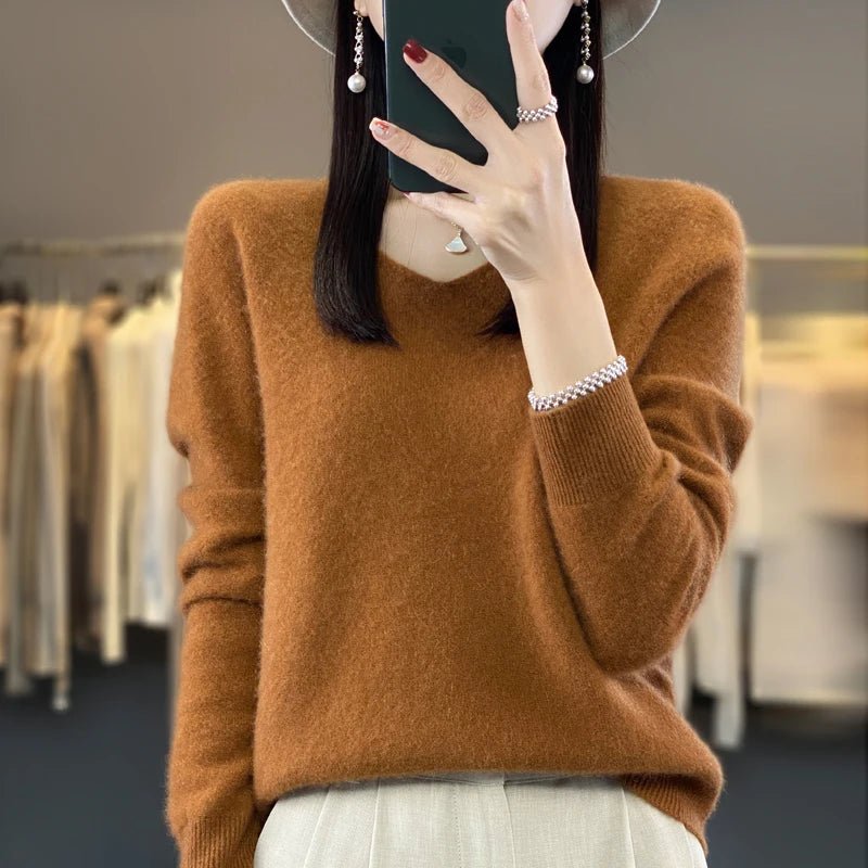 Basics 2024 Autumn Winter Women Sweater 100% Merino Wool V - Neck Knitwear Solid Office Lady Pullover Long Sleeve Cashmere Clothes - Beauty