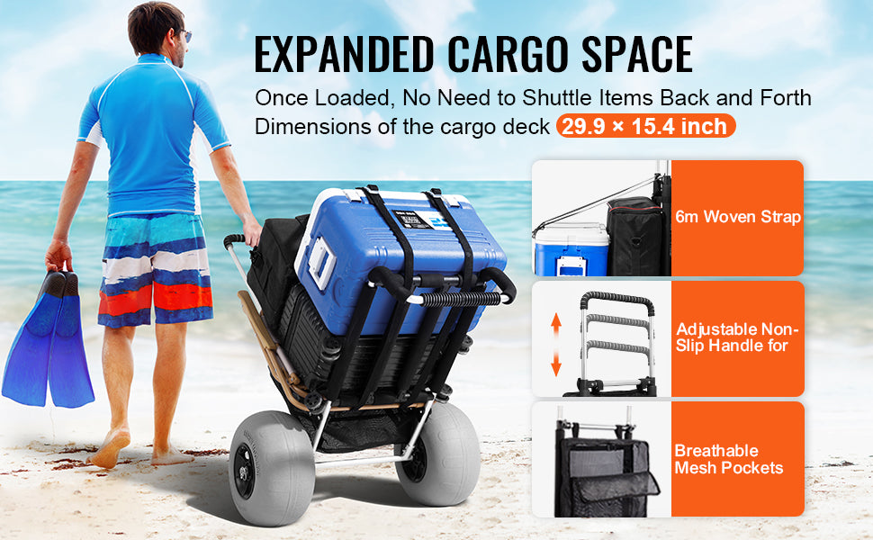 SucceBuy Beach Dolly with Big Wheels for Sand 165LBS Loading Capacity Folding Sand Cart with Cargo Deck Balloon Wheels for Beach