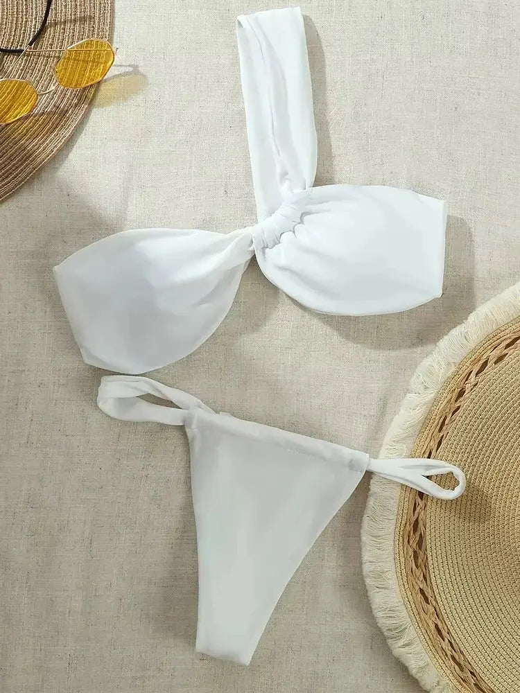 Bikini Set Women Sexy Sleeveless One Shoulder Swimsuit Two - Piece Swimwear 2025 Summer New Fashion Solid Color Bathing Beachwear - Beauty