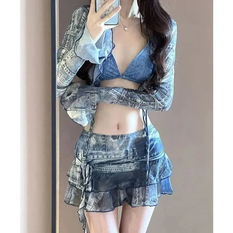 Bikini Swimsuit Fashion Retro Denim Blue Bikini Four Piece Women's Sexy Lingerie Spa Beach Vacation Slim Sexy Hottie Swimwear - Beauty