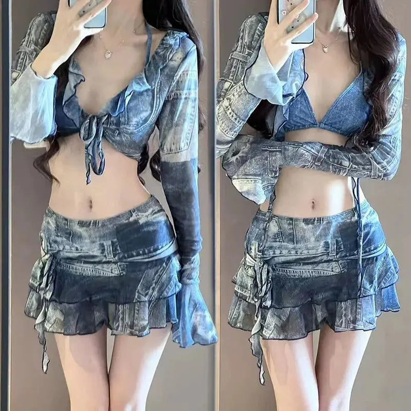 Bikini Swimsuit Fashion Retro Denim Blue Bikini Four Piece Women's Sexy Lingerie Spa Beach Vacation Slim Sexy Hottie Swimwear - Beauty