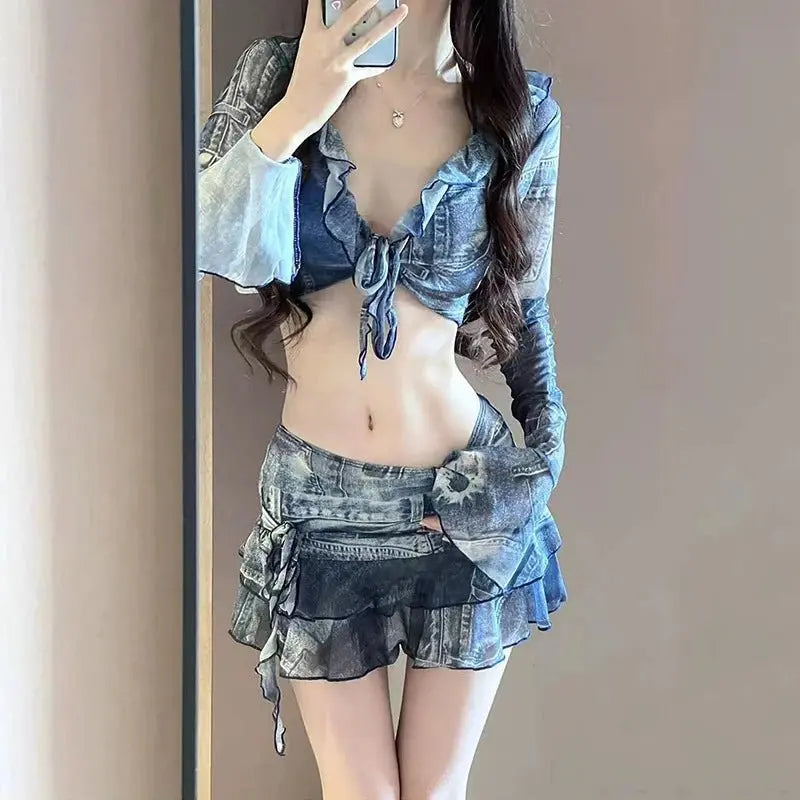 Bikini Swimsuit Fashion Retro Denim Blue Bikini Four Piece Women's Sexy Lingerie Spa Beach Vacation Slim Sexy Hottie Swimwear - Beauty