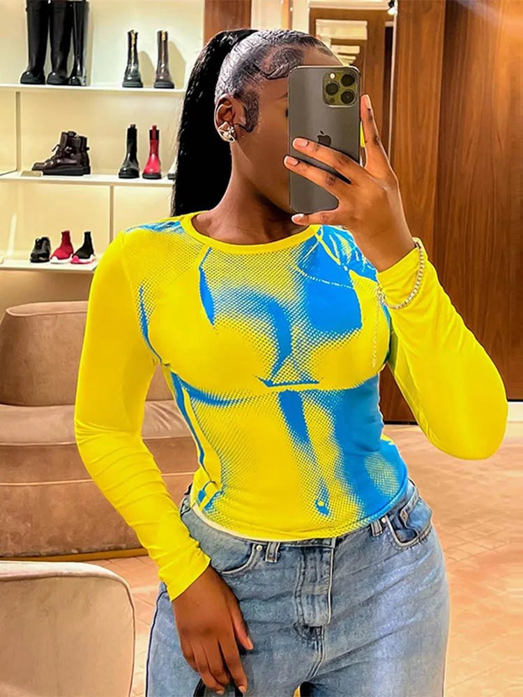 Body Print Crop Tee Shirts Women Fall Spring Y2K Korean Fashion Long Sleeve O - neck Skinny Top Tshirt Streetwear - Beauty