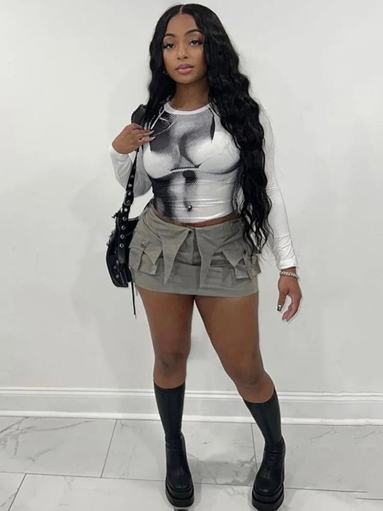 Body Print Crop Tee Shirts Women Fall Spring Y2K Korean Fashion Long Sleeve O - neck Skinny Top Tshirt Streetwear - Beauty