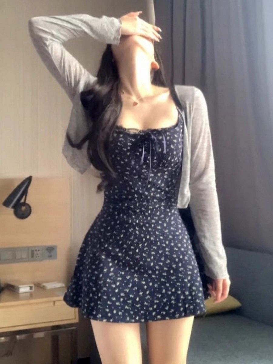 Women's Bodycon Navy Floral Camisole Dress And Plain Knit Cardigan Set Petite Slim Fit Fall Outfit Chic Vacation Cover-Up Spring