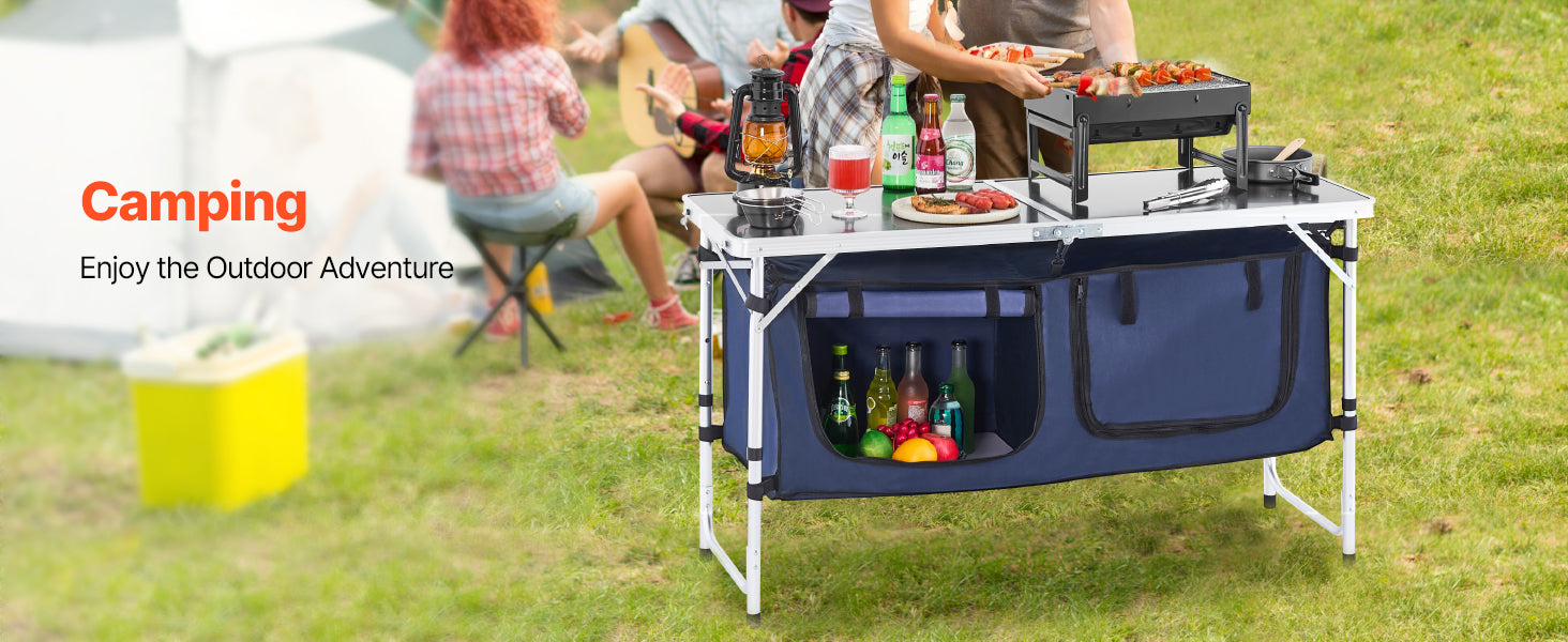 SucceBuy Camping Kitchen Table Folding Outdoor Cooking Table Aluminum Lightweight Portable Cook Station Foldable Camp Table