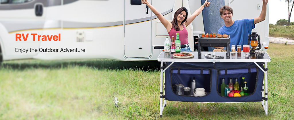 SucceBuy Camping Kitchen Table Folding Outdoor Cooking Table Aluminum Lightweight Portable Cook Station Foldable Camp Table
