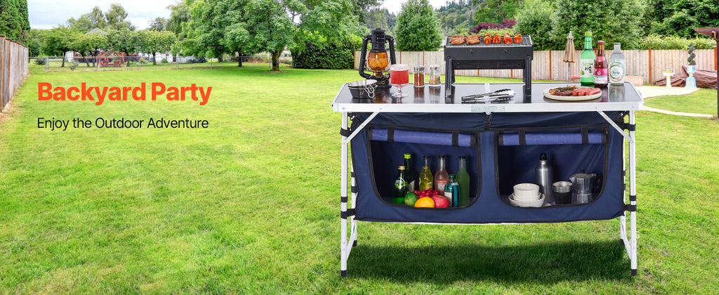 SucceBuy Camping Kitchen Table Folding Outdoor Cooking Table Aluminum Lightweight Portable Cook Station Foldable Camp Table
