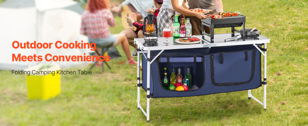 SucceBuy Camping Kitchen Table Folding Outdoor Cooking Table Aluminum Lightweight Portable Cook Station Foldable Camp Table