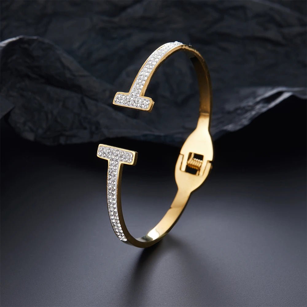 Classic Double T Spring Zirconia Bracelet for Women, High Quality Gold Plated Inlaid Jewelry - Beauty