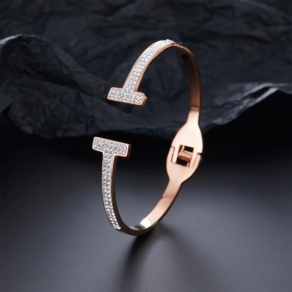 Classic Double T Spring Zirconia Bracelet for Women, High Quality Gold Plated Inlaid Jewelry - Beauty