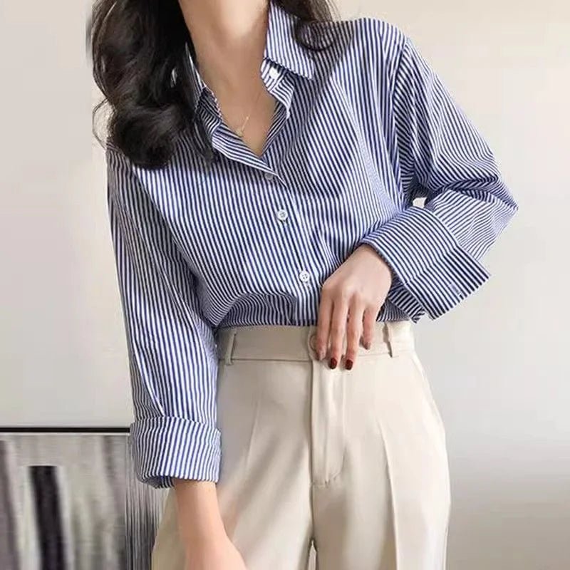 Classic Striped Woman Spring Autumn Blouses Shirt Lady Long Lantern Sleeve Stand Collar Loose Blusas Tops - Beauty