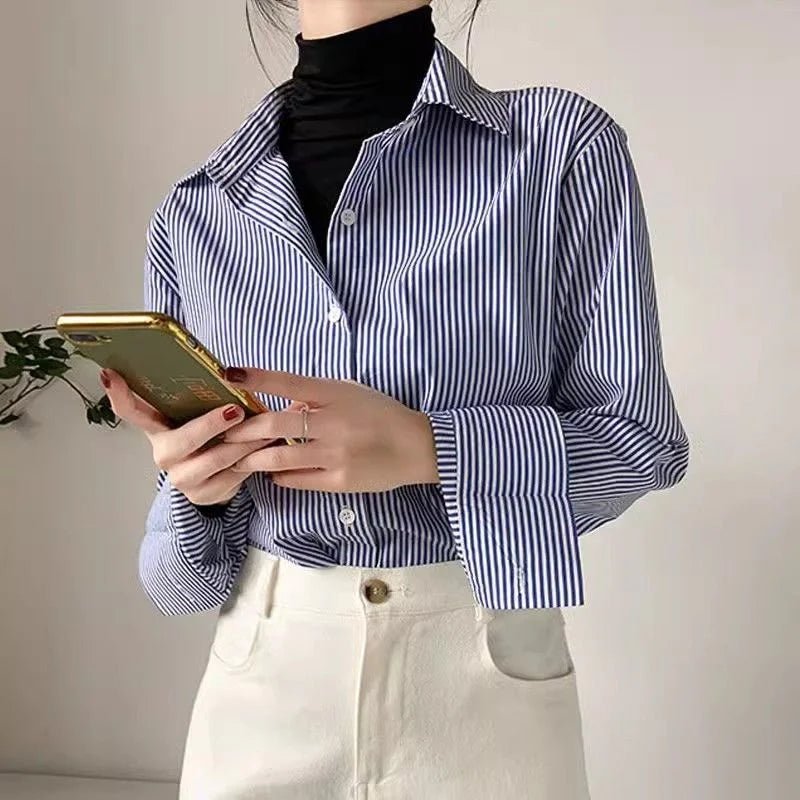 Classic Striped Woman Spring Autumn Blouses Shirt Lady Long Lantern Sleeve Stand Collar Loose Blusas Tops - Beauty