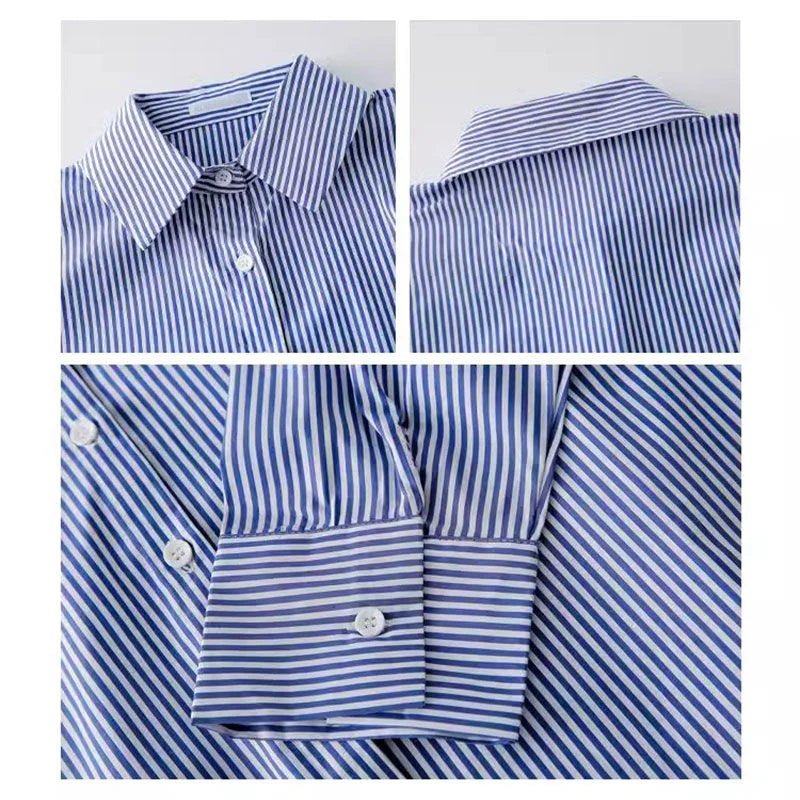 Classic Striped Woman Spring Autumn Blouses Shirt Lady Long Lantern Sleeve Stand Collar Loose Blusas Tops - Beauty