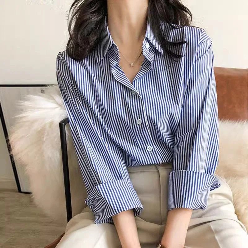 Classic Striped Woman Spring Autumn Blouses Shirt Lady Long Lantern Sleeve Stand Collar Loose Blusas Tops - Beauty