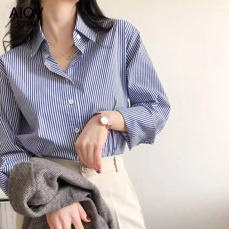 Classic Striped Woman Spring Autumn Blouses Shirt Lady Long Lantern Sleeve Stand Collar Loose Blusas Tops - Beauty